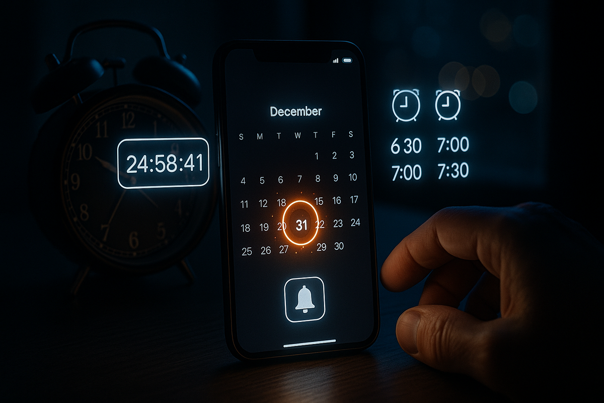 Dark desk with a smartphone calendar highlighting December 31st, floating alarm icons and countdown timer around an old clock—tense night-before energy of setting multiple reminders so you never miss the limited iPad lucky-bag sale window  