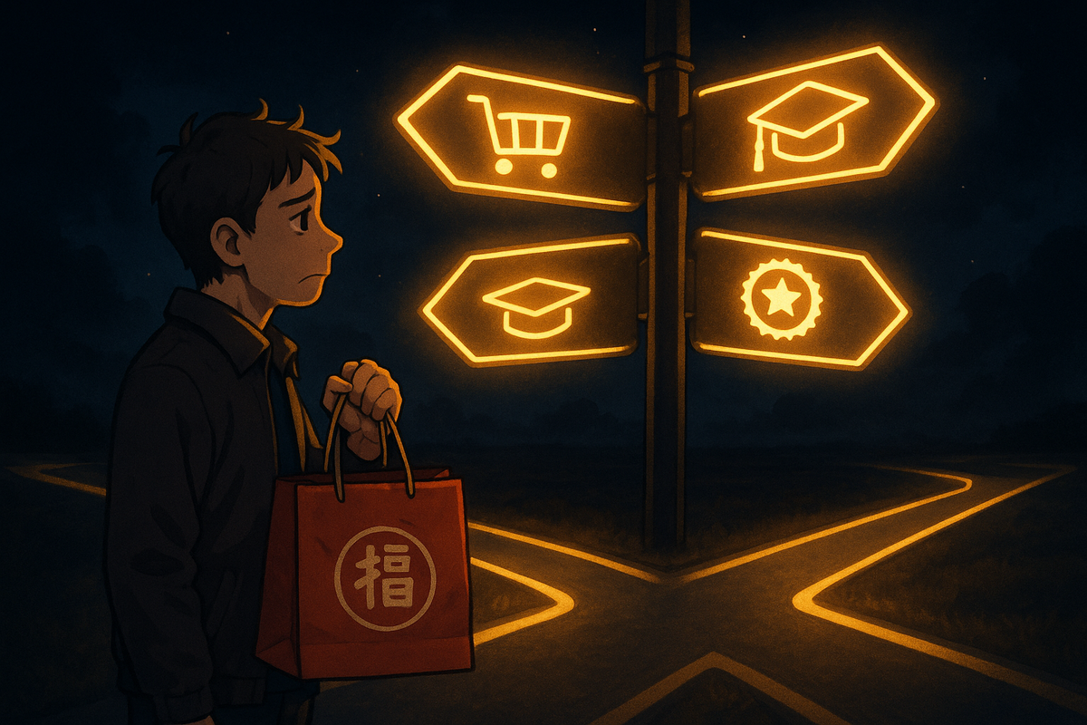 Anime-style boy at a night crossroads holding a red lucky bag, staring at glowing signboards with icons for online cart, graduation cap and quality badge—quiet, bittersweet moment of choosing the best alternative route to buy an iPad after the fukubukuro dream fades  