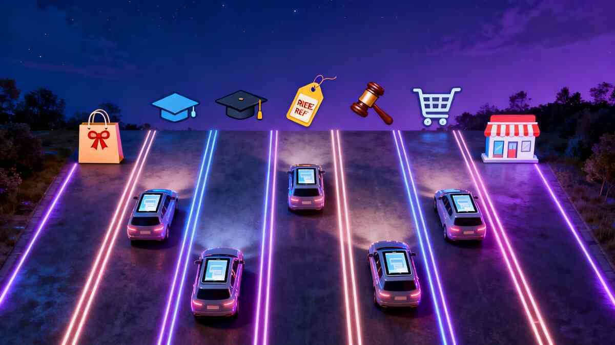 Futuristic night highway with glowing neon lanes, each lane carrying a car with a tablet on top toward giant icons of gift bag, graduation cap, refurb tag, auction gavel, shopping cart and storefront—vivid roadmap of six emotional purchase routes for getting an iPad, from lucky bags to student discounts, refurb deals and online sales  