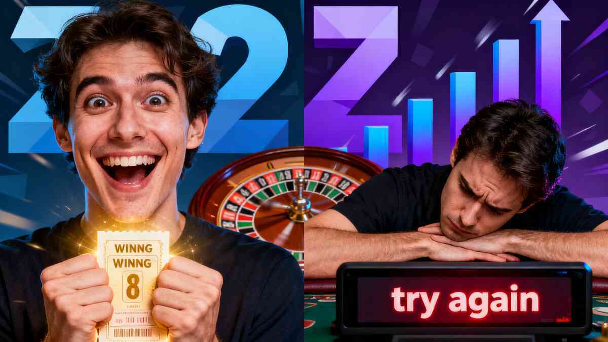 Side-by-side emotional contrast: ecstatic man holding a glowing winning ticket next to exhausted man slumped by a roulette table, bright graph bars and roulette wheel behind them—lottery odds explained as pure joy versus crushing loss, vivid high-stakes probability drama  