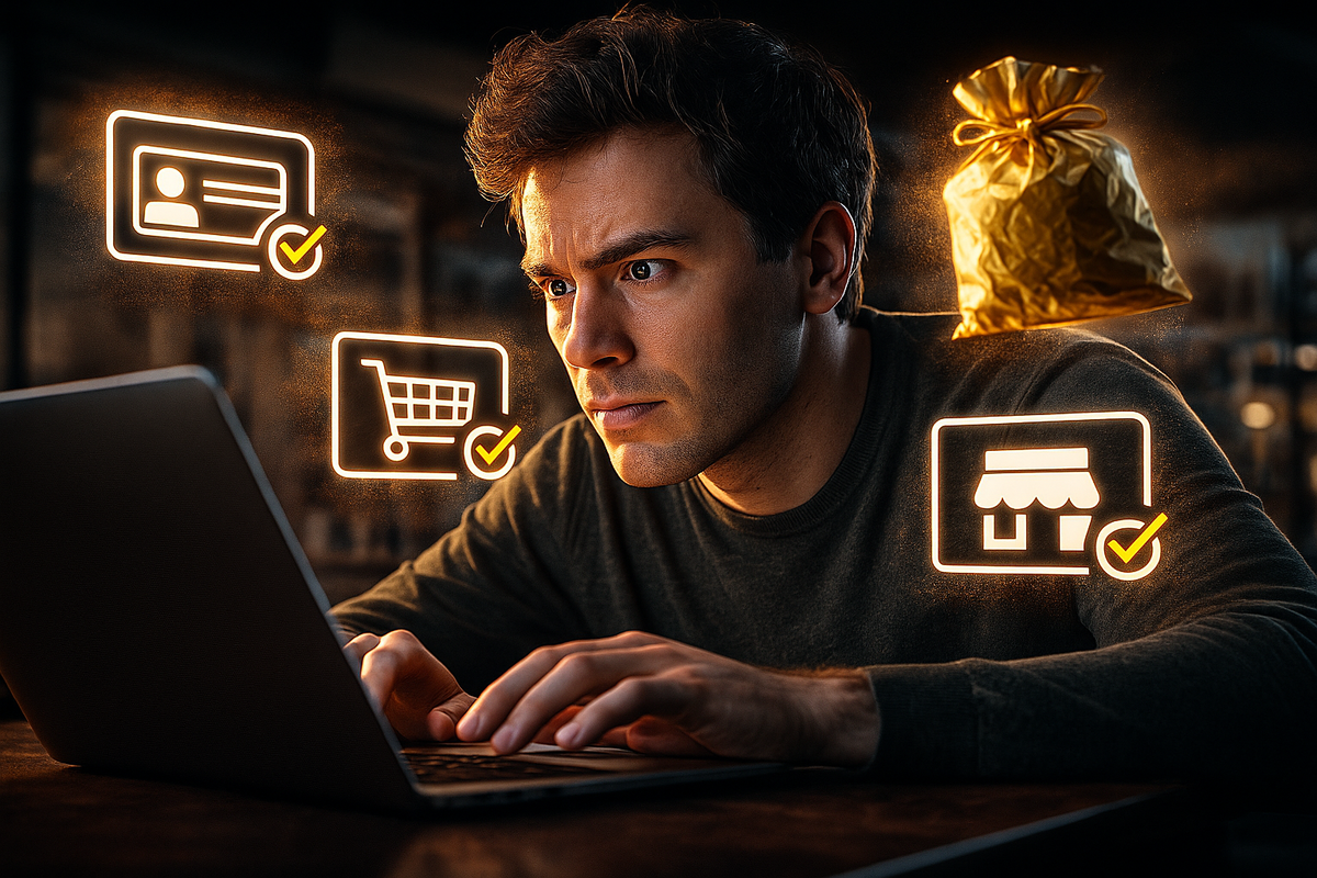 Focused shopper at laptop surrounded by neon icons of ID card, shopping cart, storefront and a golden lucky bag—official conditions checklist for winning Yodobashi lucky bags, serious concentration, hopeful determination and warm golden anticipation  