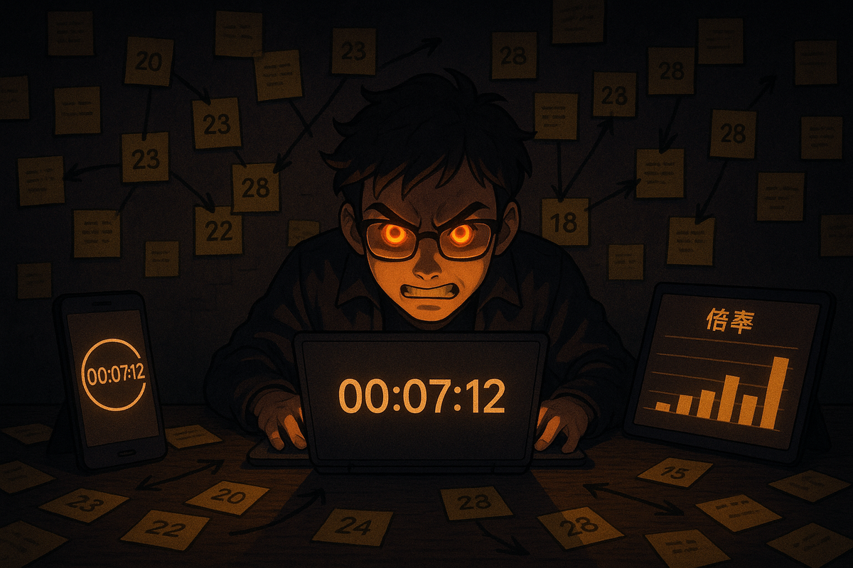 Intense strategist in a dark room, glowing eyes locked on a laptop countdown, sticky notes with dates all over the wall, smartphones and tablets showing倍率 graphs—hardcore fukubukuro hunter timing entries to beat the odds, obsessive planning, tense gamer-like energy  