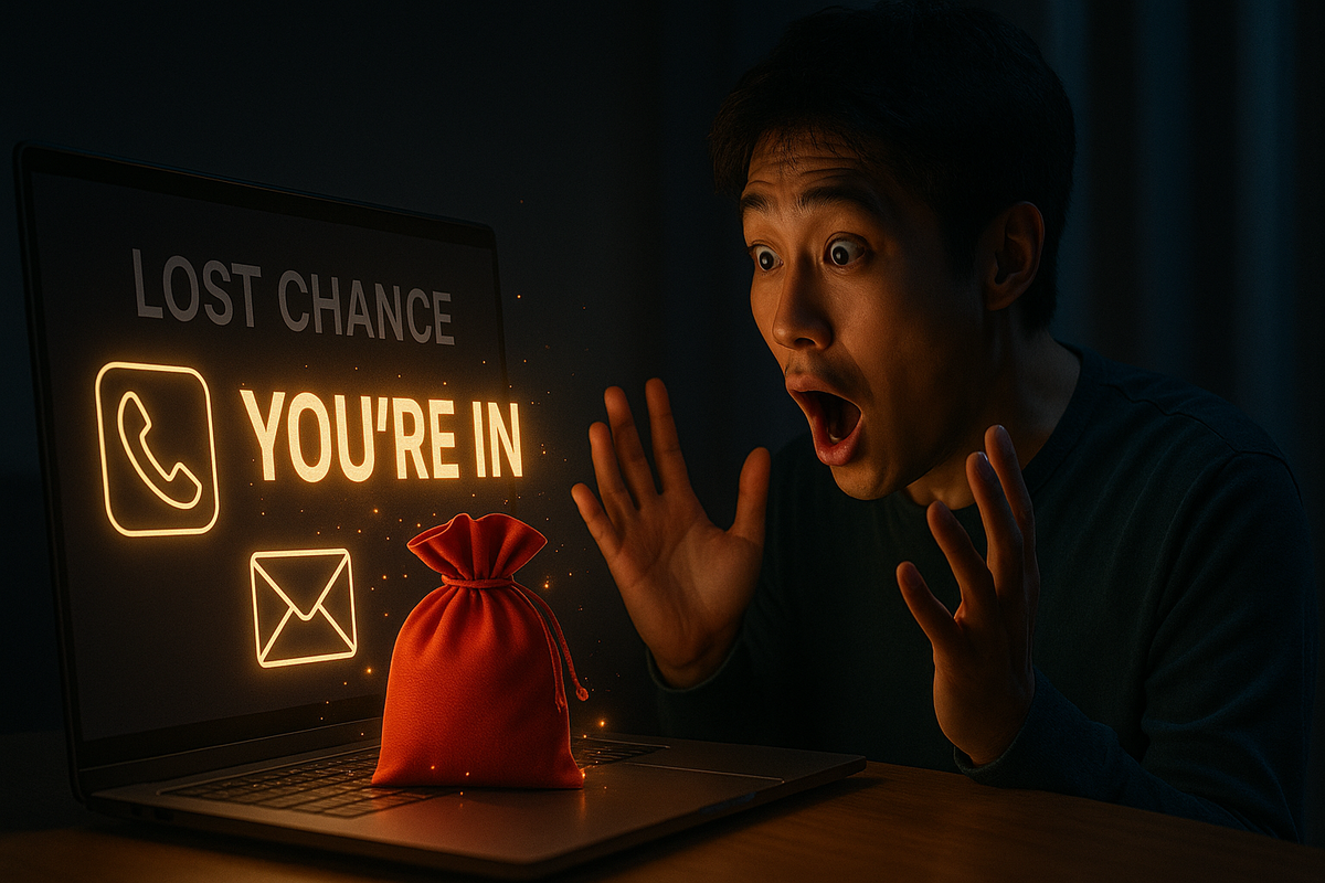 Young man staring at his laptop in shocked delight as a red lucky bag materializes on the keyboard, screen flashing “YOU’RE IN” with phone and mail icons—reversal from lost chance to surprise win, emotional second-chance notification moment, heart-pounding joy and disbelief  