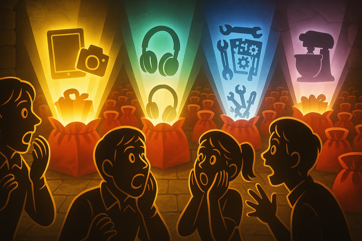 Cartoon crowd gasping in amazement as beams of light shoot from rows of red lucky bags, revealing icons for tablets, cameras, headphones, tools and kitchen appliances—genre-based Yodobashi fukubukuro lineup, surprise-packed contents, playful wonder and shared excitement  