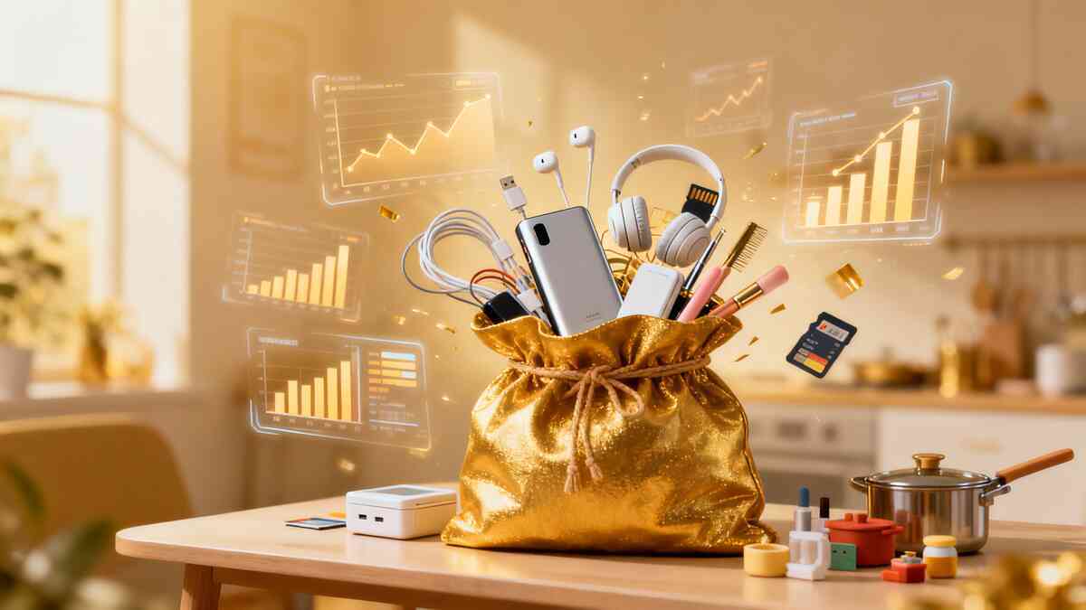 Golden lucky bag overflowing with small gadgets, beauty tools, and kitchen items, surrounded by floating bar charts of soaring savings—dream haul of 2,026-yen fukubukuro value, data-driven yet joyfully overflowing  