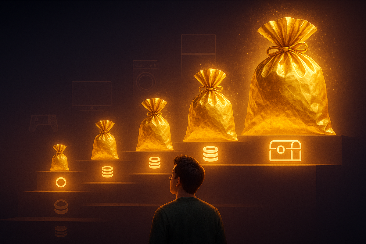 16:9 — dramatic tiered display of glowing lucky bags arranged from small to huge on illuminated steps labeled only by subtle price icons (coins, stacks, treasure chest, no text); faint silhouettes of TVs, game consoles, and home appliances hover above each tier; shopper at the bottom looking up in awe; rich gradient lighting, no logos, no text  