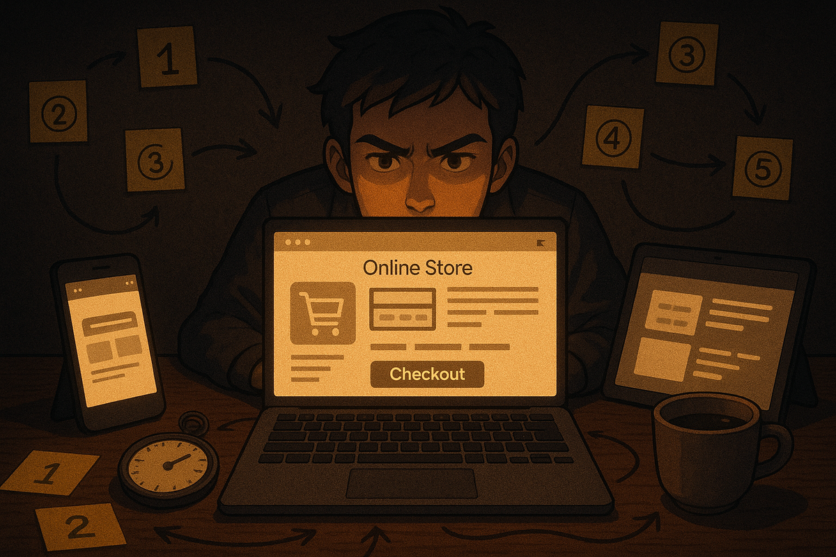 16:9 — “war-room” strategy desk: laptop, smartphone, tablet all open on a generic online store page, sticky notes with numbered icons 1–5 (no text), stopwatch, coffee cup, and scribbled flow arrows from login to checkout; focused face reflected in the screen, determined, competitive energy, no logos, no text  