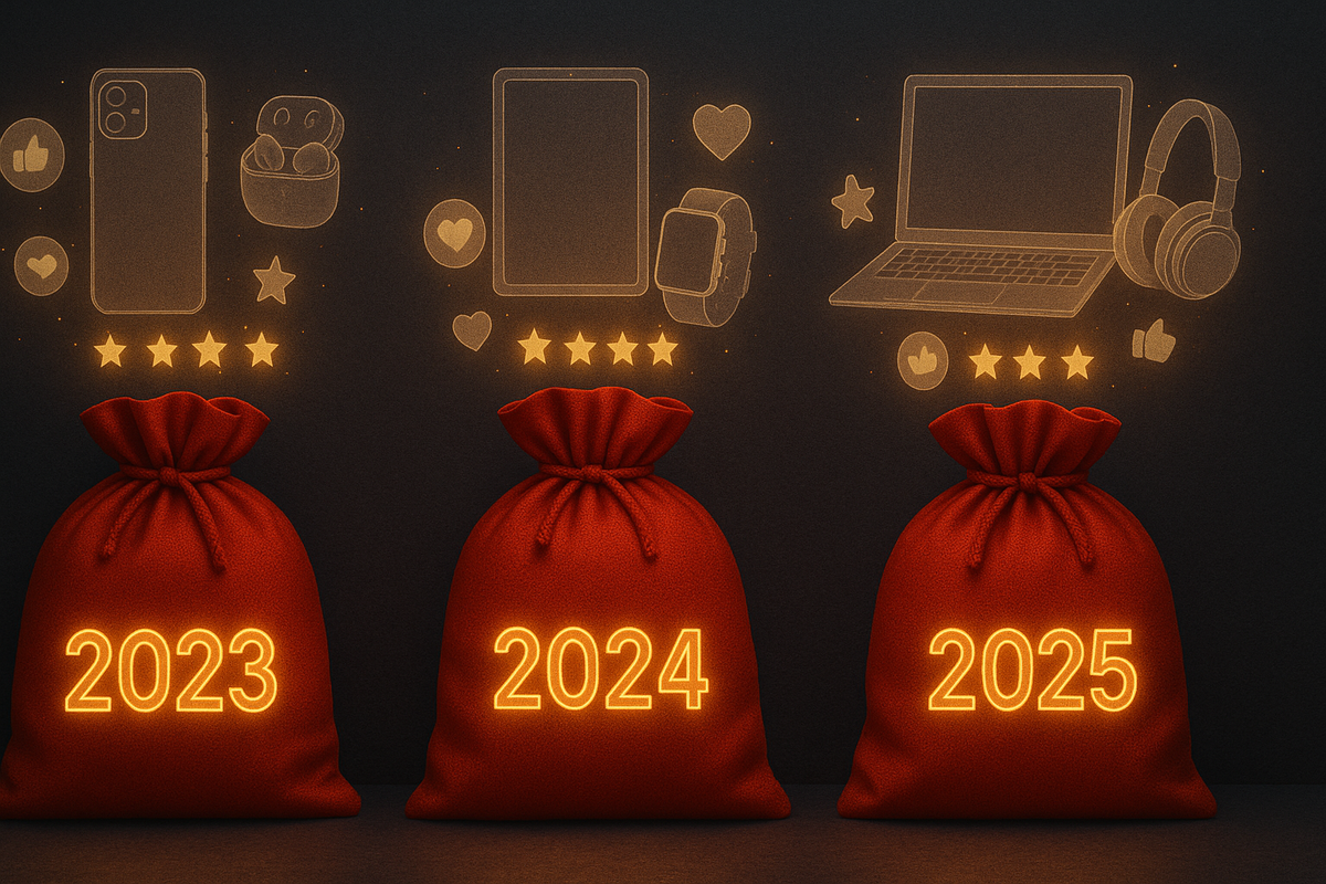 16:9 — timeline wall featuring three large lucky bags labeled only with subtle year icons 2023, 2024, 2025 (numbers as glowing symbols, no other text); above each bag float transparent images of the gadgets that were inside, while social media-style reaction icons and tiny review stars swirl around; nostalgic yet investigative mood, no logos, no text  
