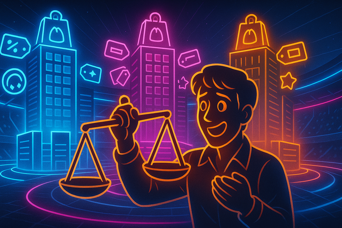 16:9 — timeline wall featuring three large lucky bags labeled only with subtle year icons 2023, 2024, 2025 (numbers as glowing symbols, no other text); above each bag float transparent images of the gadgets that were inside, while social media-style reaction icons and tiny review stars swirl around; nostalgic yet investigative mood, no logos, no text  