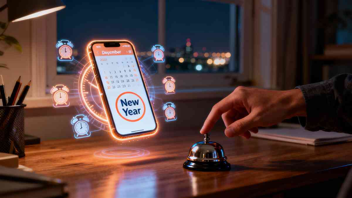 Emotional countdown to a New Year electronics lucky bag—glowing calendar, stacked alarms, and a nervous hand getting ready not to miss the reservation window.