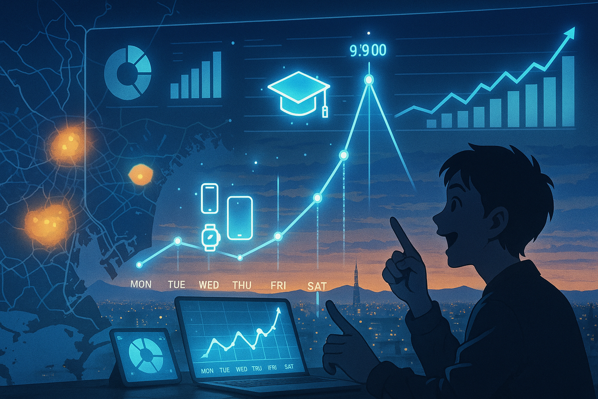 Nighttime city window with holographic dashboard—weekly graph spiking on Saturday morning, glowing device icons, and a smiling gamer pointing at the peak—data-driven proof that today is the golden time to grab a Switch2, hopeful and analytical  