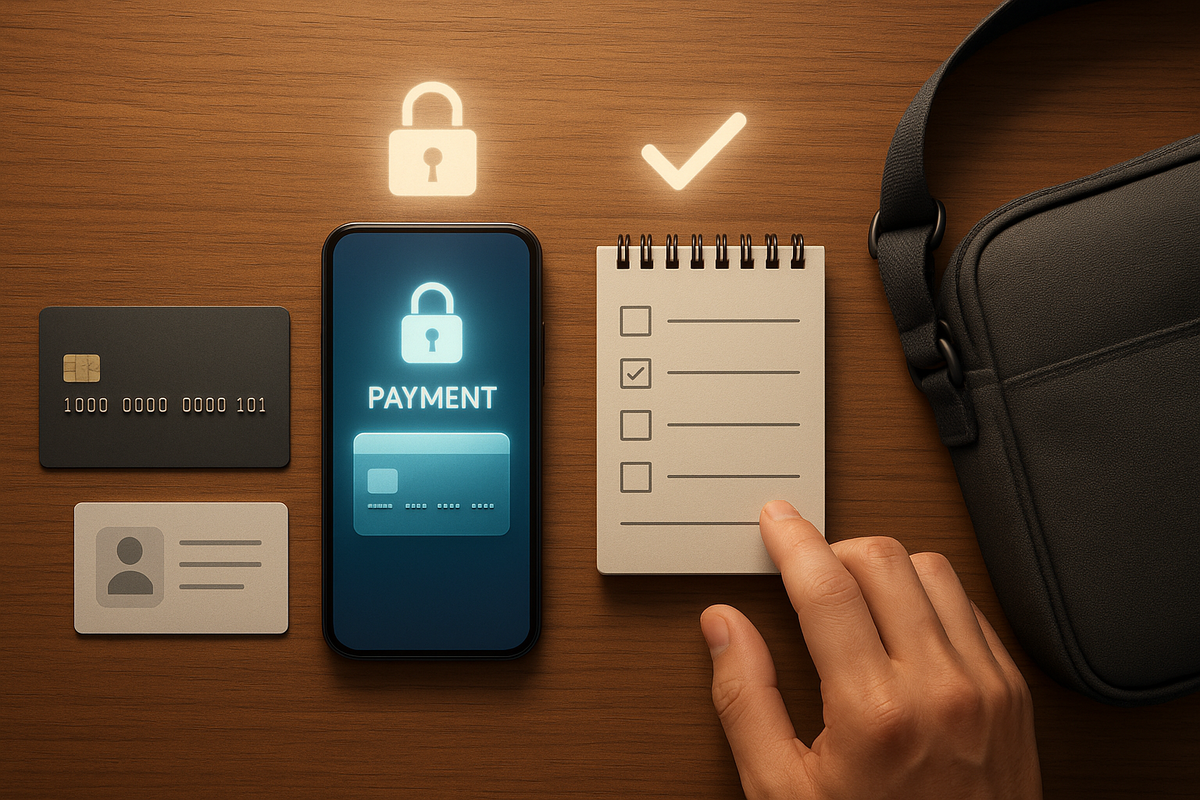 Flat-lay of smartphone showing a locked PAYMENT screen, credit card, ID card, checklist notebook, and small shoulder bag—calm but high-tension moment before leaving home, making sure every requirement to buy Switch2 at Aeon is perfectly ready  