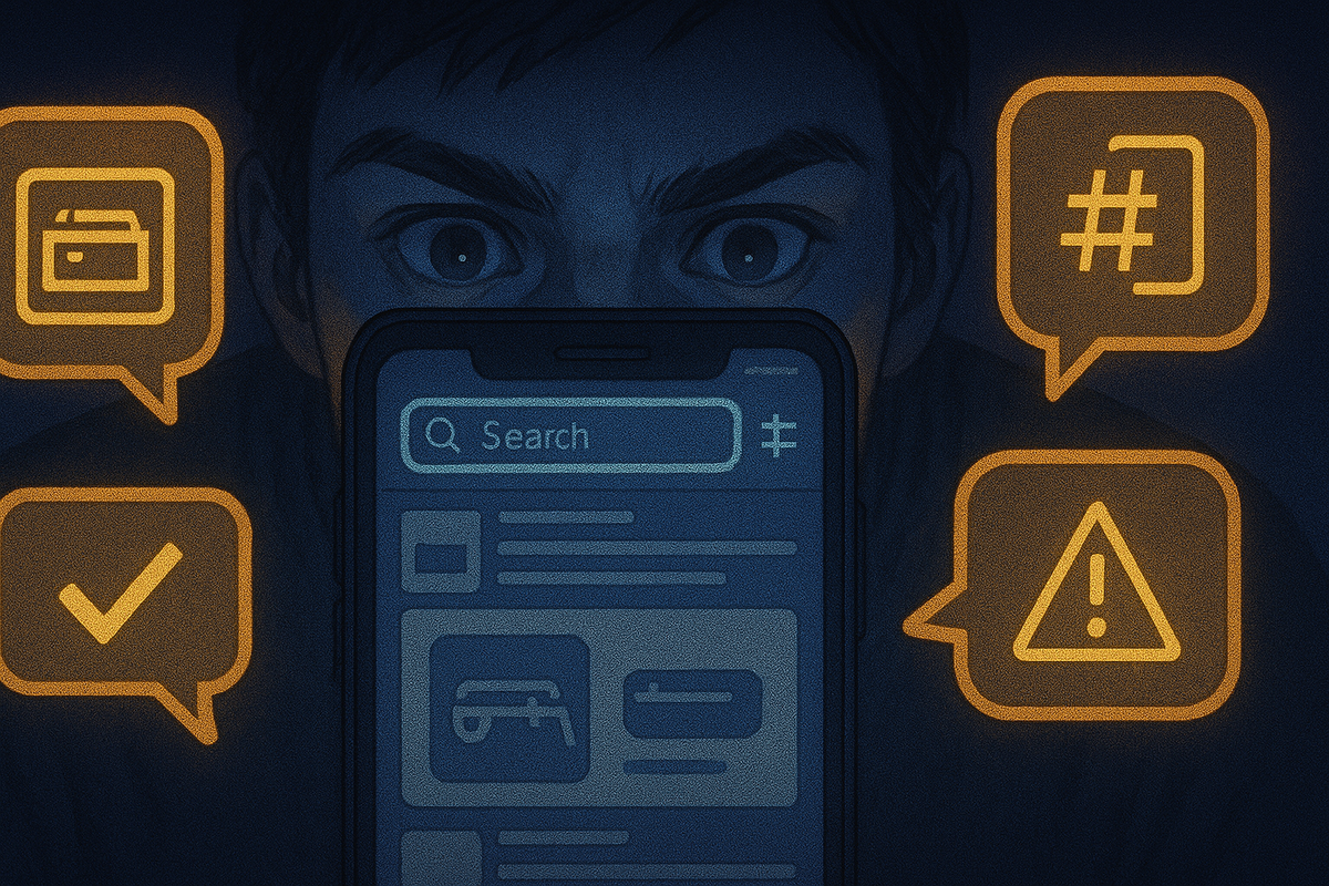 Determined shopper’s eyes peeking over a smartphone social-feed search screen, surrounded by glowing chat bubbles with wallet, hashtag, checkmark and warning icons—intense focus on X search results, sorting real Switch2 stock tweets from dangerous fake rumors  