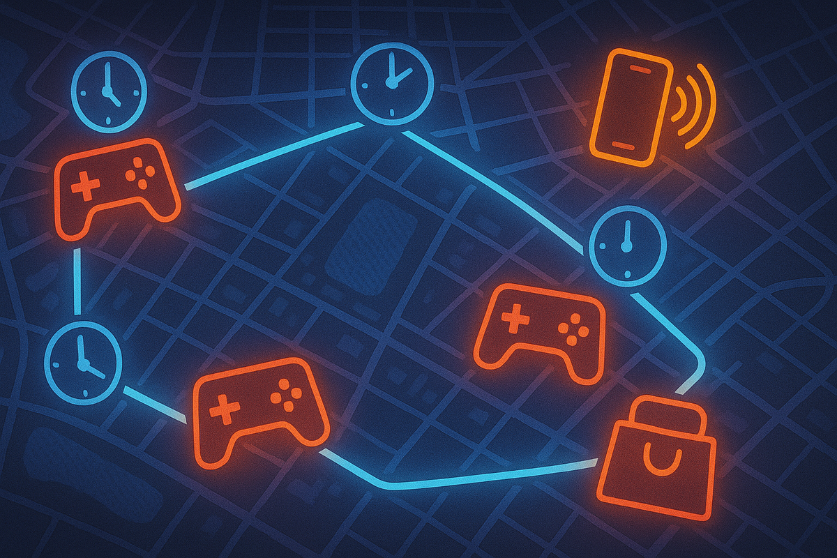 Neon city map at night with a glowing route line connecting gamepad icons, clocks, ringing phone, and a shopping bag—strategic multi-store巡回ルート that doubles Switch2 success odds through perfect timing and smart calls, adventurous and game-like  
