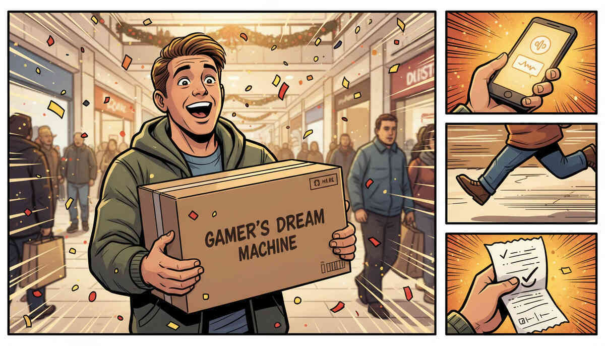 Comic strip of a joyful gamer in a mall hugging a huge “GAMER’S DREAM MACHINE” box, side panels showing phone alert, sprinting legs, and a checked receipt—storytelling snapshot of spotting the deal, dashing to the store, and finally winning the long-awaited console  
