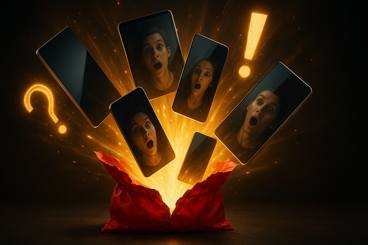 Lucky bag bursting open in a golden shockwave—mystery smartphones soaring upward, stunned faces reflected in screens, electric surprise and treasure-hunt excitement
