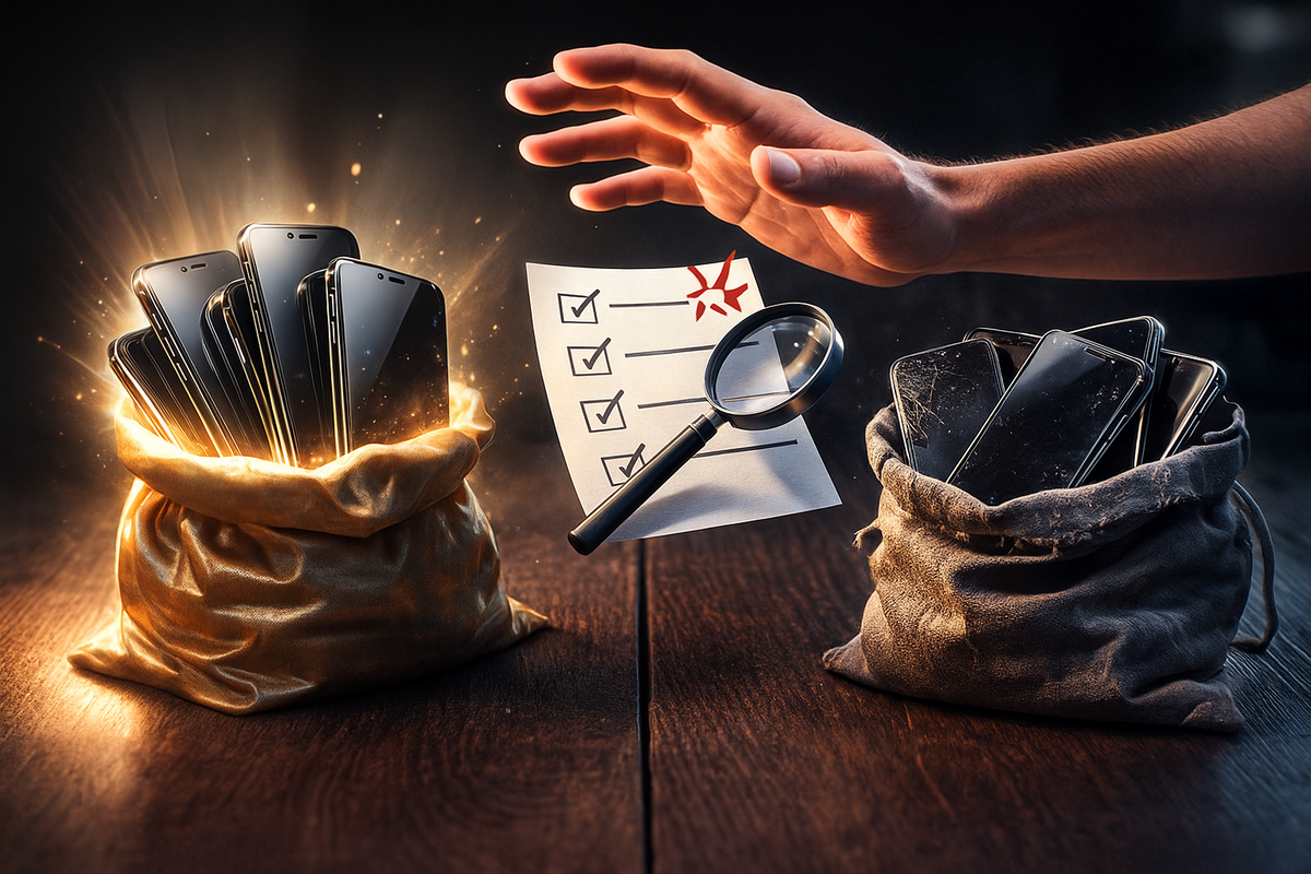 Side-by-side lucky bags—one glowing with pristine phones, one dim with scratched devices; hovering checklist and magnifying glass—sharp tension between jackpot joy and heartbreak risk