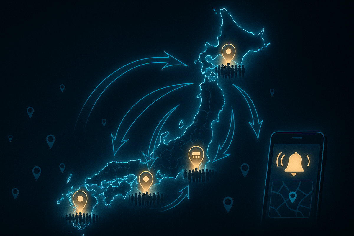 Neon Japan map glowing in midnight blue—crowded hotspots, quiet regional pins, sweeping arrows, and an alerting phone—strategic hunt energy and nationwide treasure-chase vibes