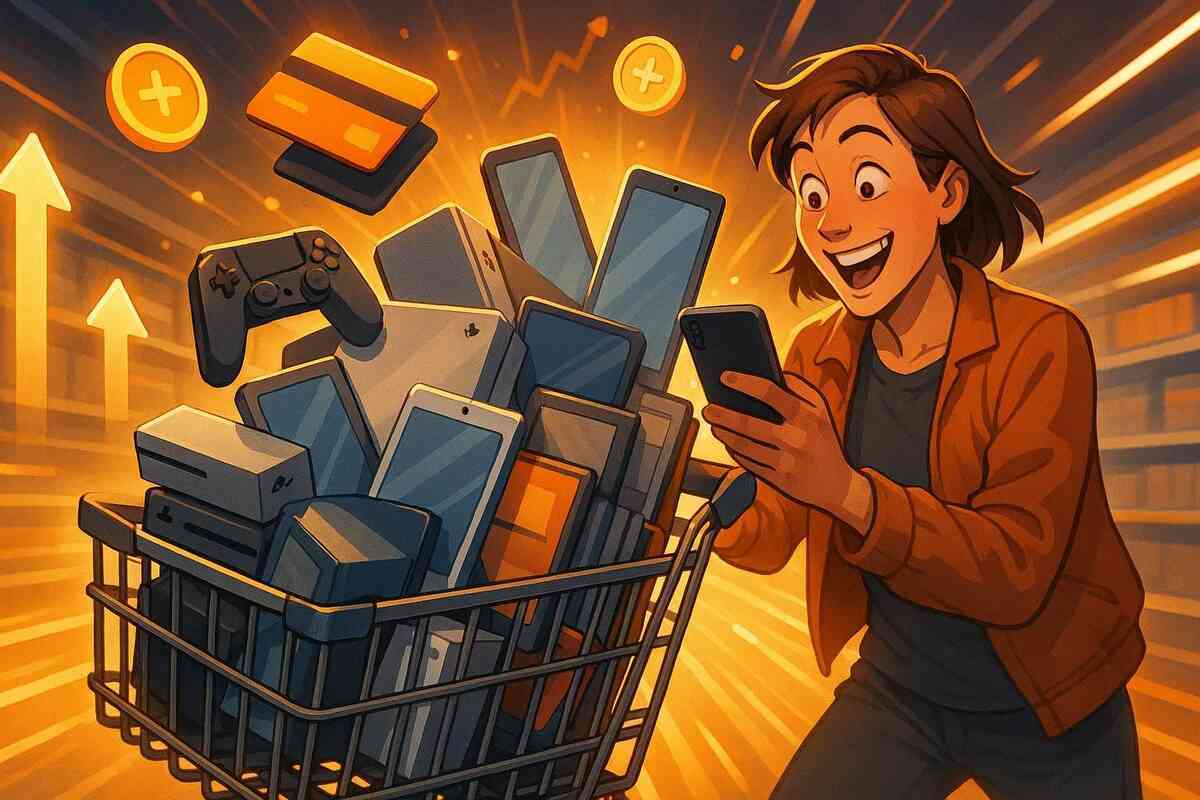 Overflowing tech haul in a racing shopping cart—phones, consoles, tablets bursting upward; thrilled shopper lit by golden reward glow—pure bargain-rush euphoria