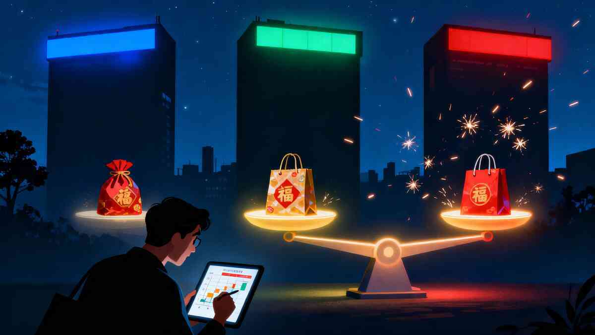 Three lucky bags balanced on glowing scales against a night skyline—sparks flying, data chart in hand—dramatic showdown of value, odds, and festive decision-making tension