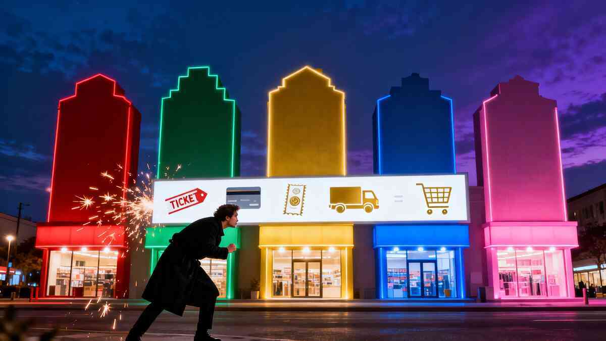 Runner sprinting toward a row of neon-lit electronics megastores, giant icons for ticket, card, coupon, truck, and cart blazing across the facade—explosive, time-attack energy to grab the best Switch2 deal before it disappears  