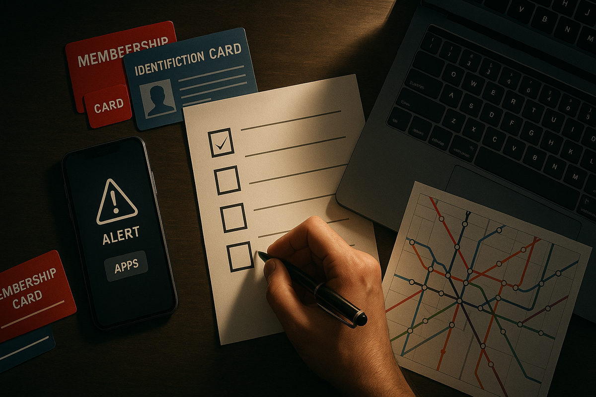 Dark wooden desk with membership cards, ID, smartphone alert screen, subway route map, and a hand ticking boxes on a checklist—quiet late-night preparation mood, methodical planning that triples your chances of buying a Switch2 in December  