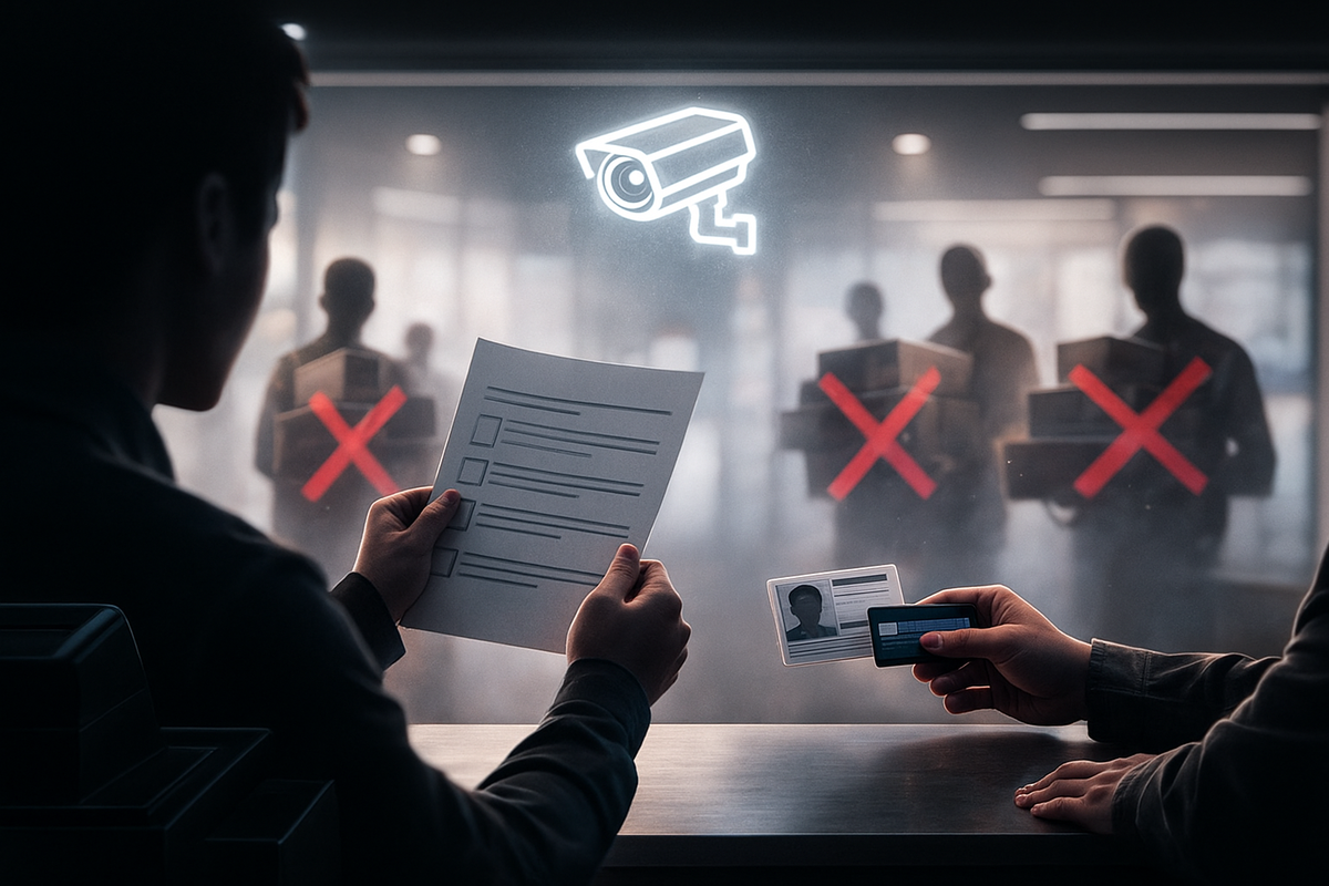 Store counter under a glowing security-camera icon—staff reviewing rule sheet while customer presents ID and member card, shadowy figures in the background carrying multiple boxes marked with red Xs—strict anti-scalper vibes protecting fair Switch2 buyers  