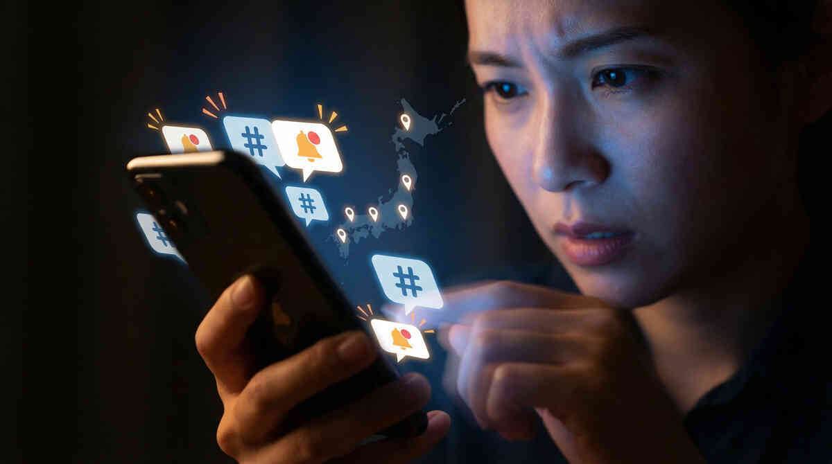 Close-up of a worried shopper staring at her smartphone as hashtag bubbles, notification bells, and a tiny Japan map with glowing pins float out of the screen—hyper-real, real-time SNS radar for Switch2 stock alerts, buzzing with urgency and FOMO  