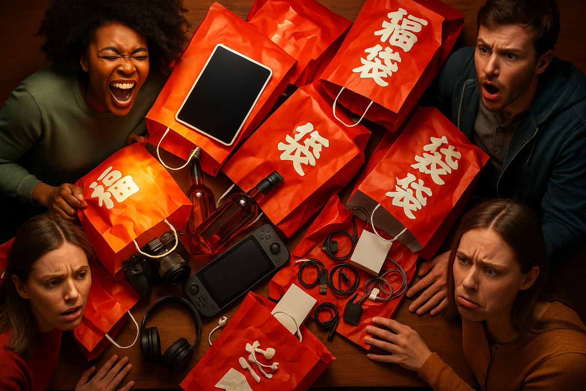 Table packed with bright red lucky bags and random gadgets, friends screaming in shock, delight, and disappointment as they discover what’s inside—chaotic 福袋 opening night, pure surprise, FOMO and drama around Bic Camera New Year mystery bags