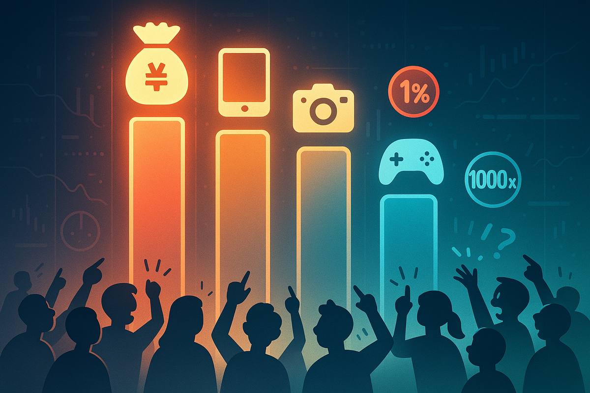 Glowing bar chart ranking lucky bag categories—money bag, tablet, camera, game controller—crowd silhouettes pointing and buzzing with excitement, visualizing insane lottery odds and倍率 heat, data-driven yet emotional guide to the most coveted Bic Camera福袋
