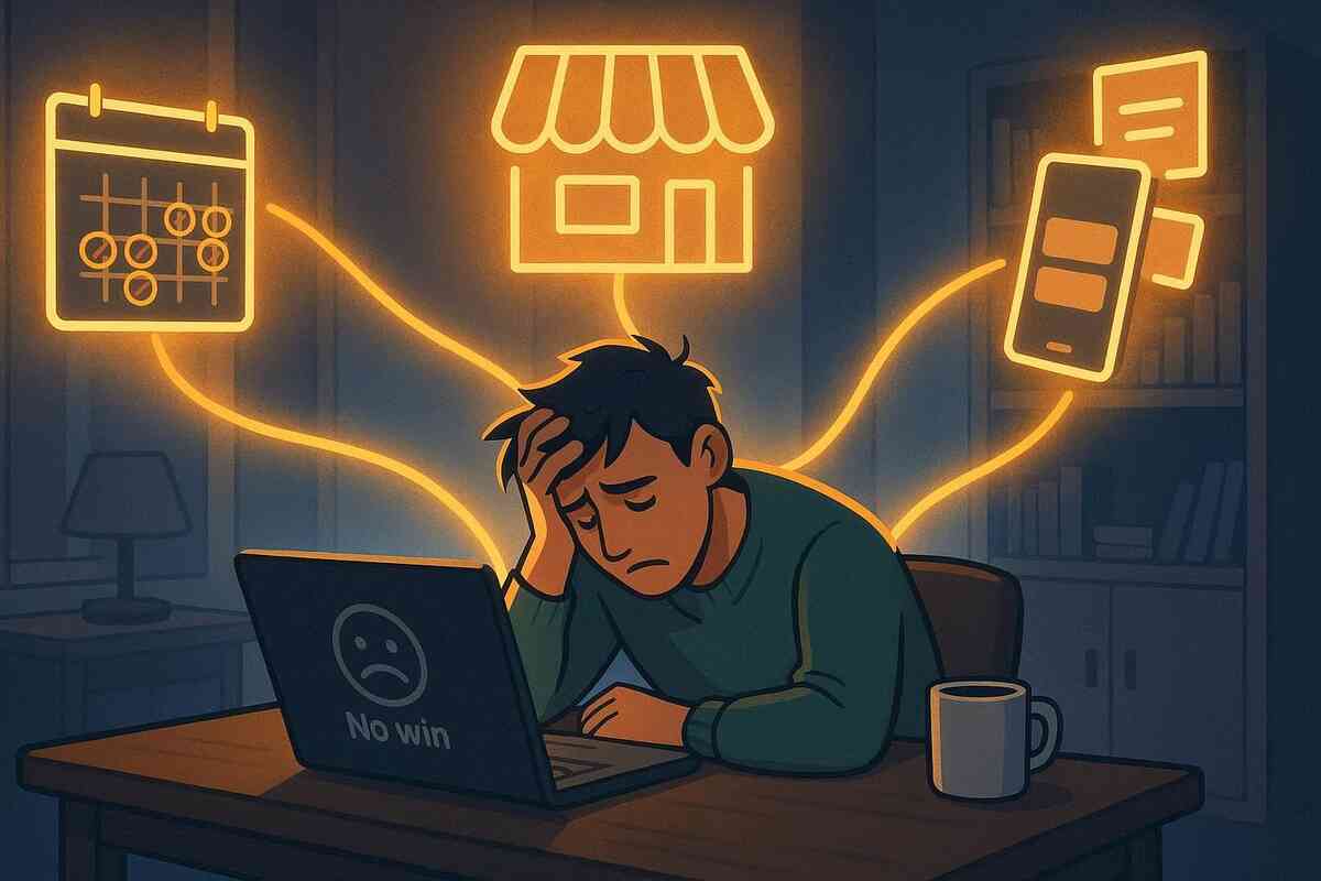 Late-night scene of a frustrated man at his desk staring at a “No win” laptop screen, with glowing icons of calendar, store, and smartphone apps floating behind him—lonely post-lottery blues, but also hopeful paths to still grab a Bic Camera lucky bag