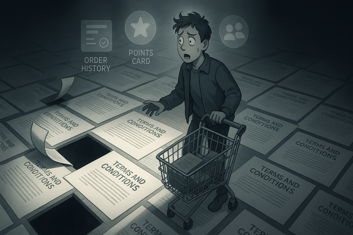 Nervous shopper pushing a cart across a floor made of “terms and conditions” pages, some sheets folding into deep holes, ghosted icons for order history and points card looming overhead—anxious mood, hidden traps of eligibility rules for Bic Camera福袋
