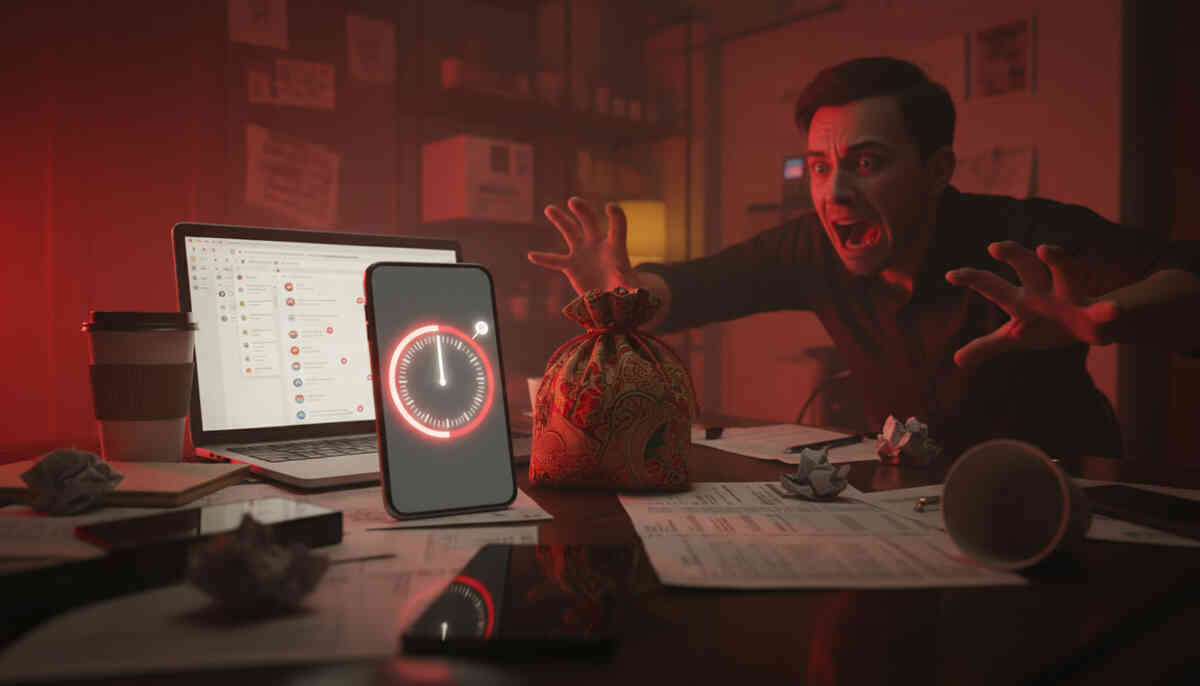 Panic-filled office moment—a man screaming and reaching for a lucky bag as a huge smartphone timer counts down in red next to an overflowing email inbox—deadline terror, last-minute rush, and intense urgency not to lose a hard-won Bic Camera lottery win
