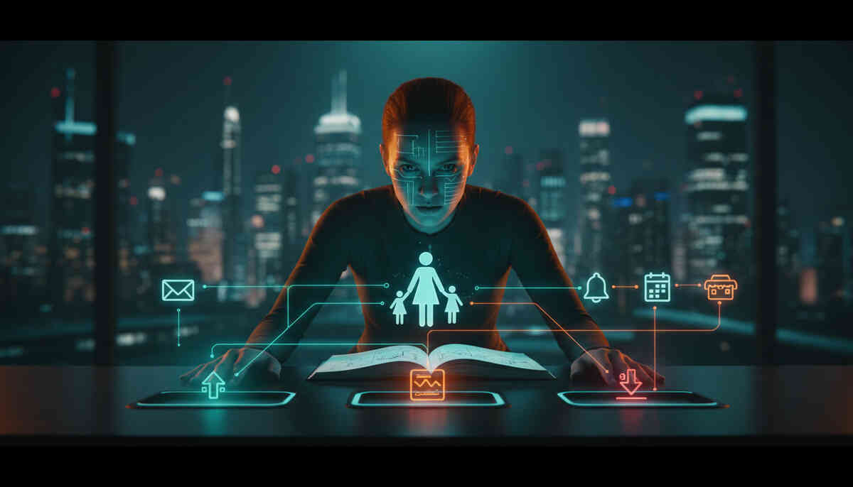 Intense strategist in a dark city office leaning over a notebook as neon icons for family accounts, email alerts, notifications, calendar and shopping bag connect across three digital tablets—hyper-focused war room energy planning how to boost lucky bag lottery win rates