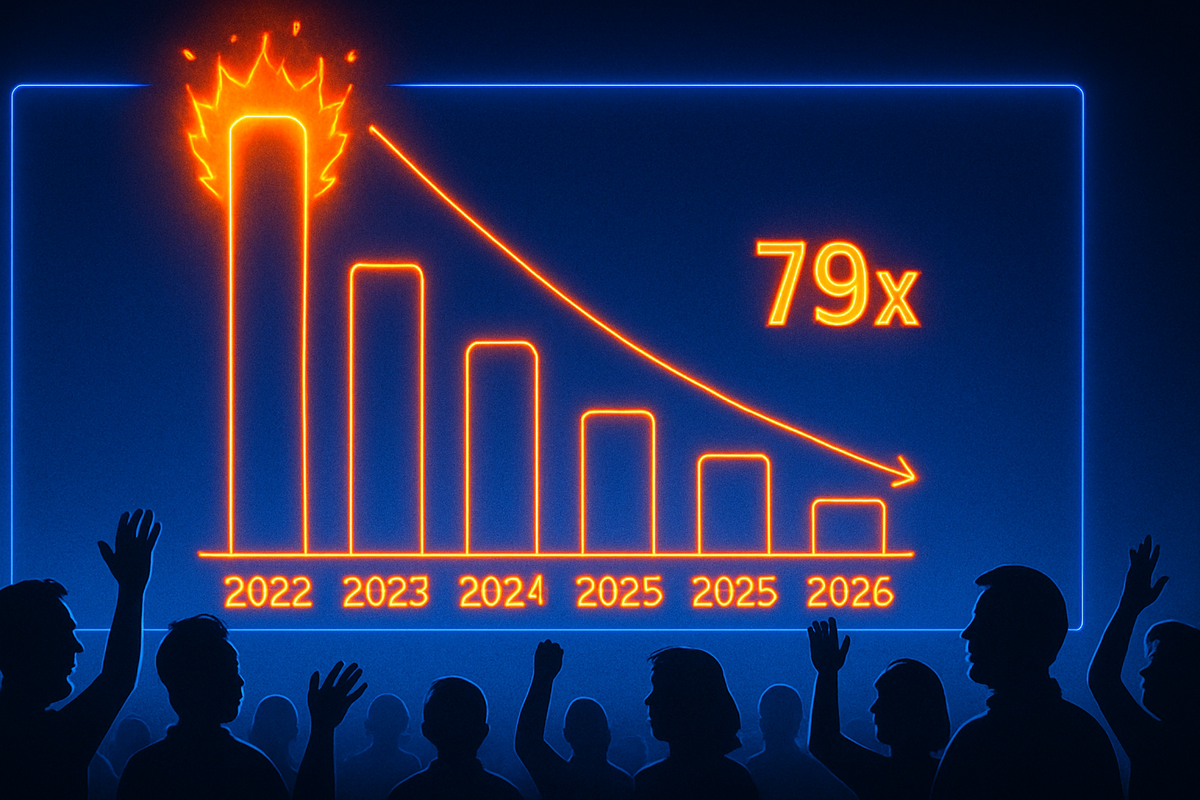 Neon bar chart from 2022 to 2026 blazing across a dark stage, first bar on fire and last bar marked “79x” with a downward trend line, crowd silhouettes raising their hands—dramatic five-year lottery odds crash turning impossible iPad wins into a rare chance