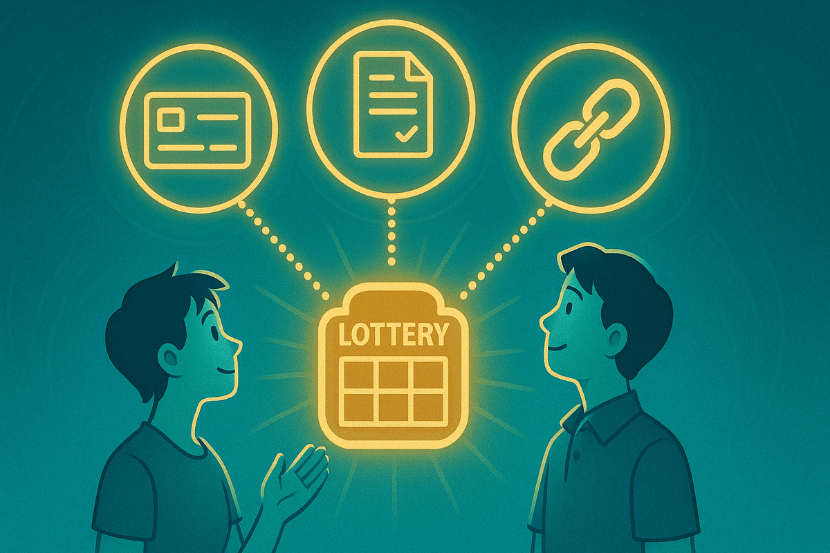 Warm teal illustration of two people talking beneath glowing icons for member card, purchase history receipt and points link, all feeding into a central “LOTTERY” badge—friendly visual showing hidden priority conditions that quietly boost iPad lucky bag winning chances