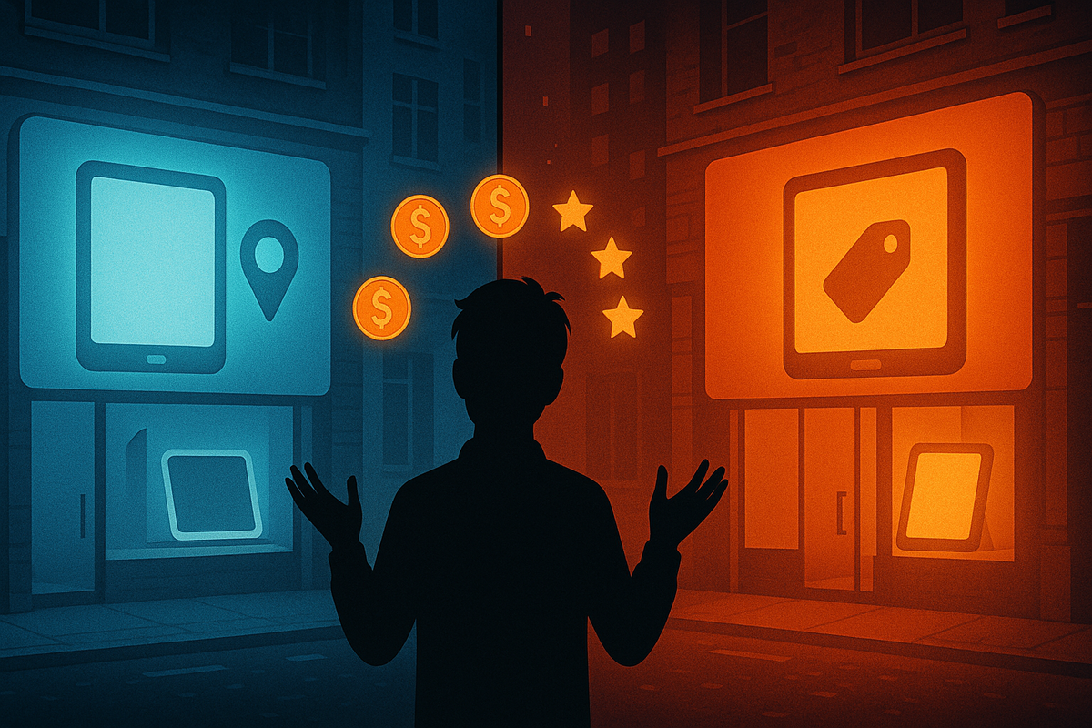 Silhouette standing in the middle of a city street at night, torn between a cool blue tablet store and a warm orange tablet store, coins and star ratings floating above—emotional tug-of-war choosing the best iPad deal between rival New Year lucky bag offers
