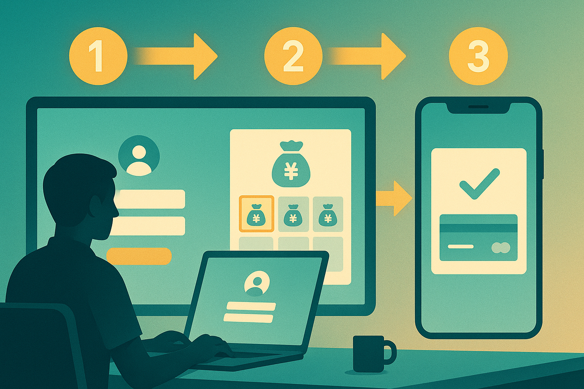 Clean three-step flow illustration: person at a laptop logging in on a large screen, then selecting a glowing money-bag lucky box, then a smartphone showing a big checkmark over a card—calm, actionable guide to registering, entering the lottery and paying on time without stress