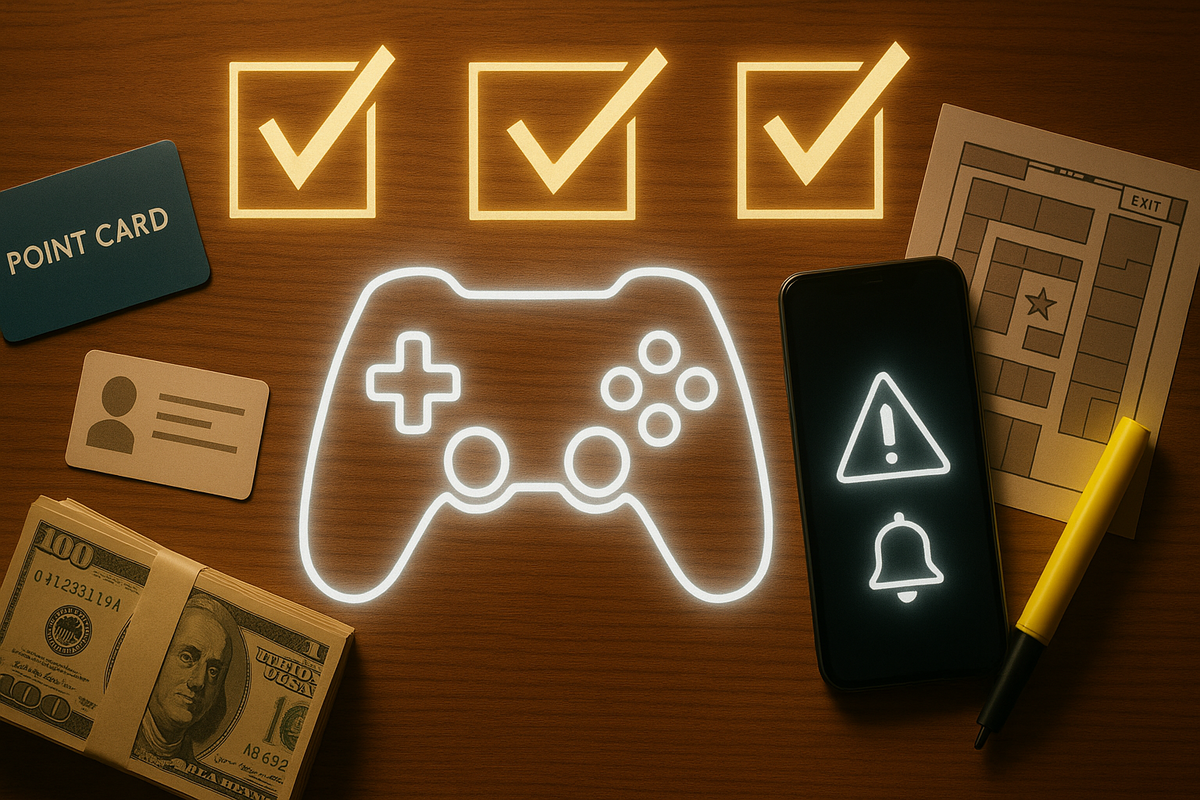 Flat-lay “ready for battle” desk: glowing game controller outline, point card, ID, thick cash roll, smartphone with alert and warning icons, and a maze-like store map—intense, methodical preparation checklist for landing a scarce Switch2 in-store