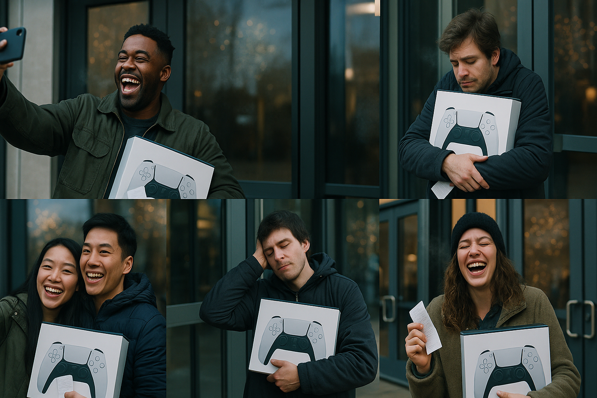 Five real shoppers outside an electronics store clutching next-gen console boxes—selfies, hugs, exhausted faces and explosive laughter—raw human montage of Switch2 victory, relief after the line, and bittersweet near-miss anxiety