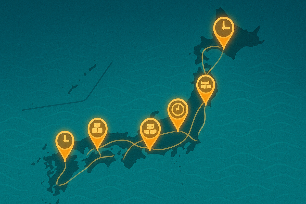 Stylized Japan map at night with glowing route lines and pin icons for clocks and store fronts scattered nationwide—strategic Switch2 pilgrimage plan, timing windows and regional “lucky spot” energy visualized at a glance