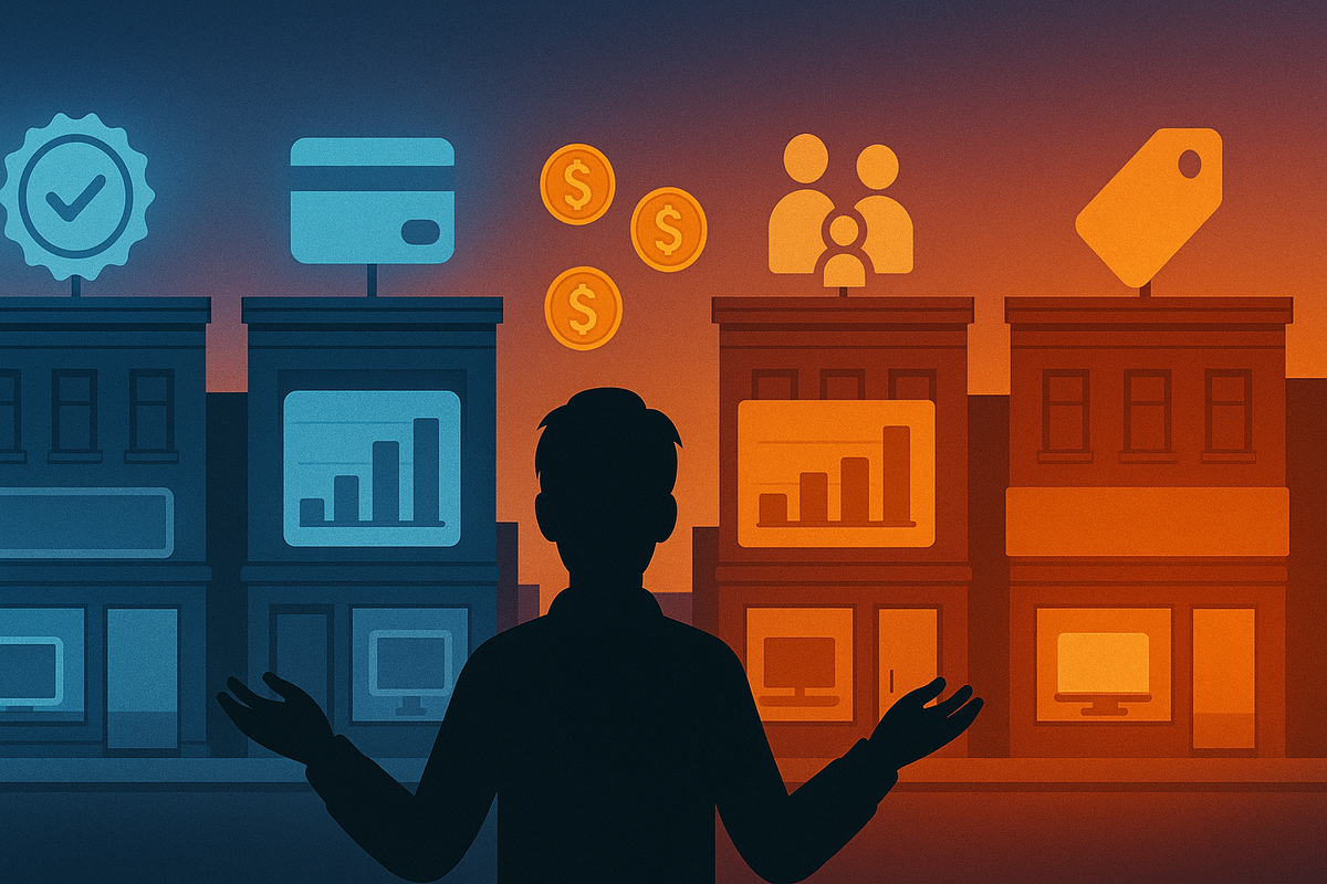 Silhouette weighing options in front of four blue-and-orange electronics storefronts, each topped with icons for easy approval, card rules, family friendliness, price tags and floating coins—emotional tug-of-war while comparing which retailer gives the smartest Switch2 deal