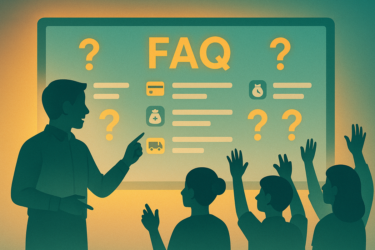 Warm classroom-style FAQ board glowing with big question marks and icons for cards, money bags and delivery trucks, presenter pointing to answers as an eager audience raises their hands—comforting, all-questions-welcome space to decode every Switch2 buying rule