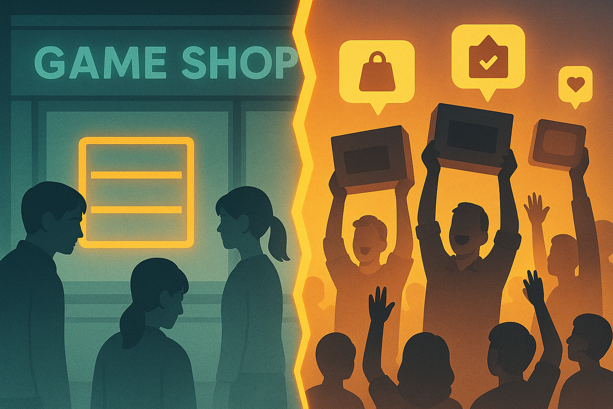 Split-screen game shop fate—left side empty shelves and disappointed family, right side cheering crowd lifting console boxes and purchase icons—dramatic contrast of sold-out despair vs Switch2 victory  