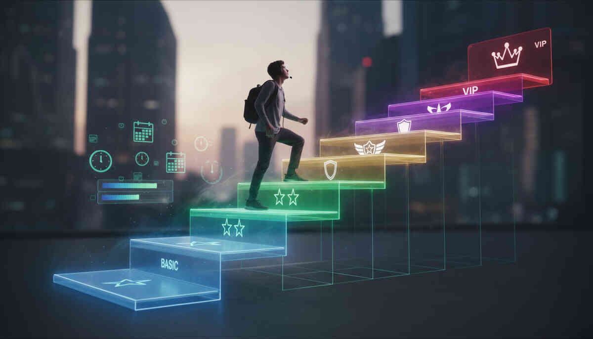 Gamer climbing glowing rainbow membership stairs from BASIC to VIP against a futuristic city—loyalty tiers, rank-up grind, and hopeful progress toward elite perks for easier Switch2 access  