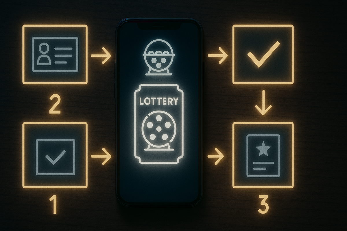 Smartphone with neon LOTTERY icon in the center, surrounded by numbered step boxes and arrows—simple 3-step guide to enter a Switch2抽選, clear, actionable, no-mistakes allowed tension  