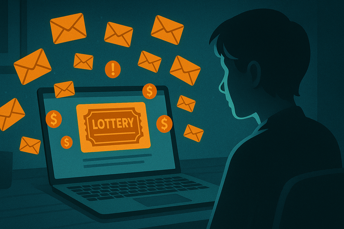 Person staring at laptop with bright LOTTERY ticket on-screen, emails and dollar coins swirling around—nervous wait for抽選結果, inbox anxiety, hope for that life-changing “you won” message  