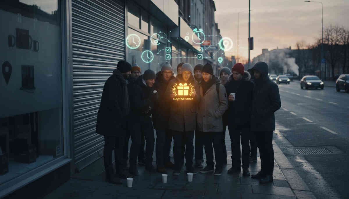 Frozen dawn in front of a shuttered electronics store—bundled-up group huddling around a glowing surprise-stock gift icon, clocks and map symbols floating—secret Switch2 restock alert, hardcore gamer camaraderie  