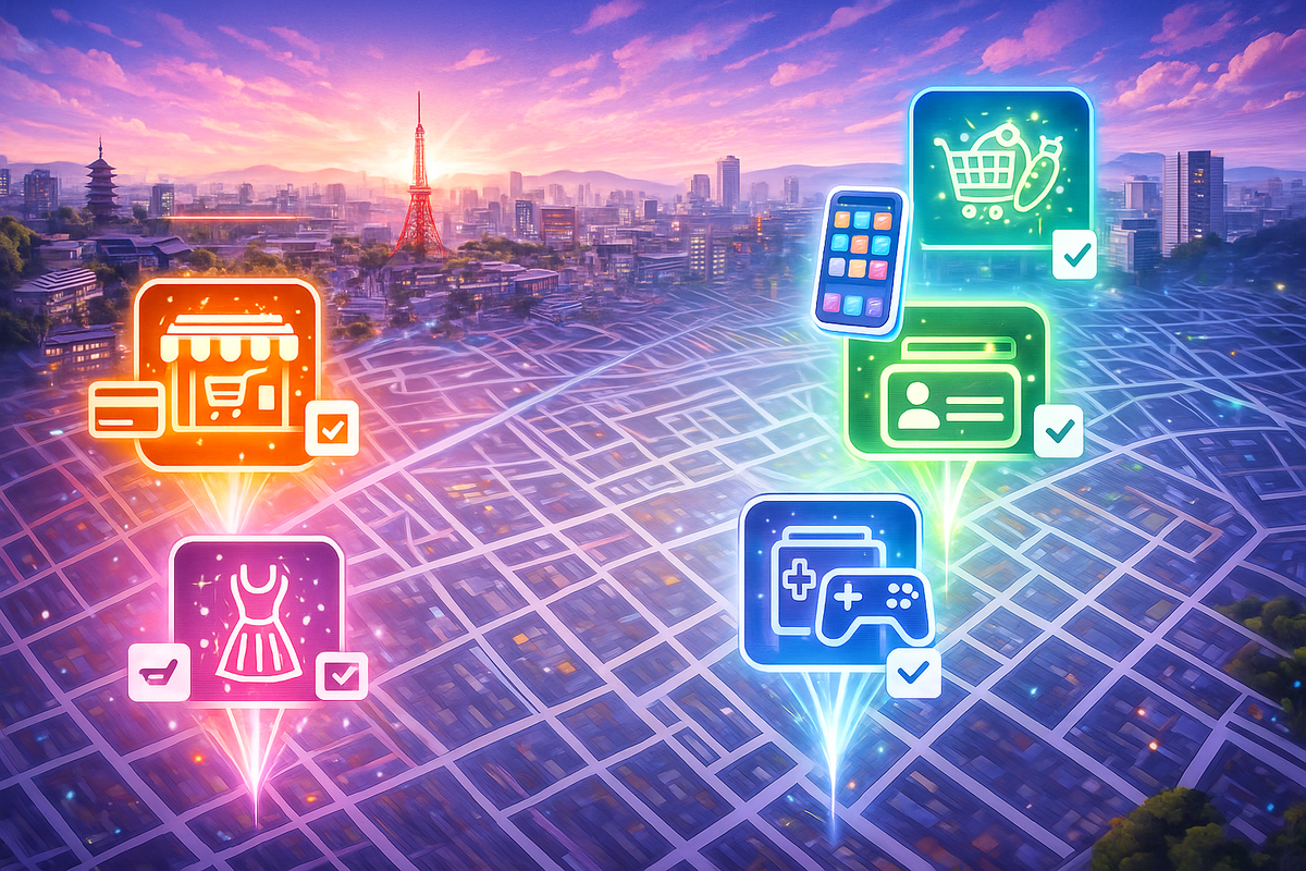 Sunset over Tokyo with a glowing street grid map, colorful store and app icons floating like beacons—joyful roadmap of where to buy Switch2, which cards or apps you need, and how to clear store conditions with smart planning