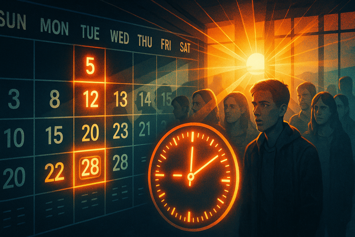 Giant calendar and burning orange clock in a dark room, worried shoppers waiting in line as sunrise rays cut through—dramatic countdown to the best day and time to line up for a Switch2 restock, mixing anxiety and strategic excitement